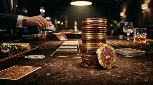 Fichas de póker y mesa; imagen decorativa para juegos de cartas y casino en vivo.